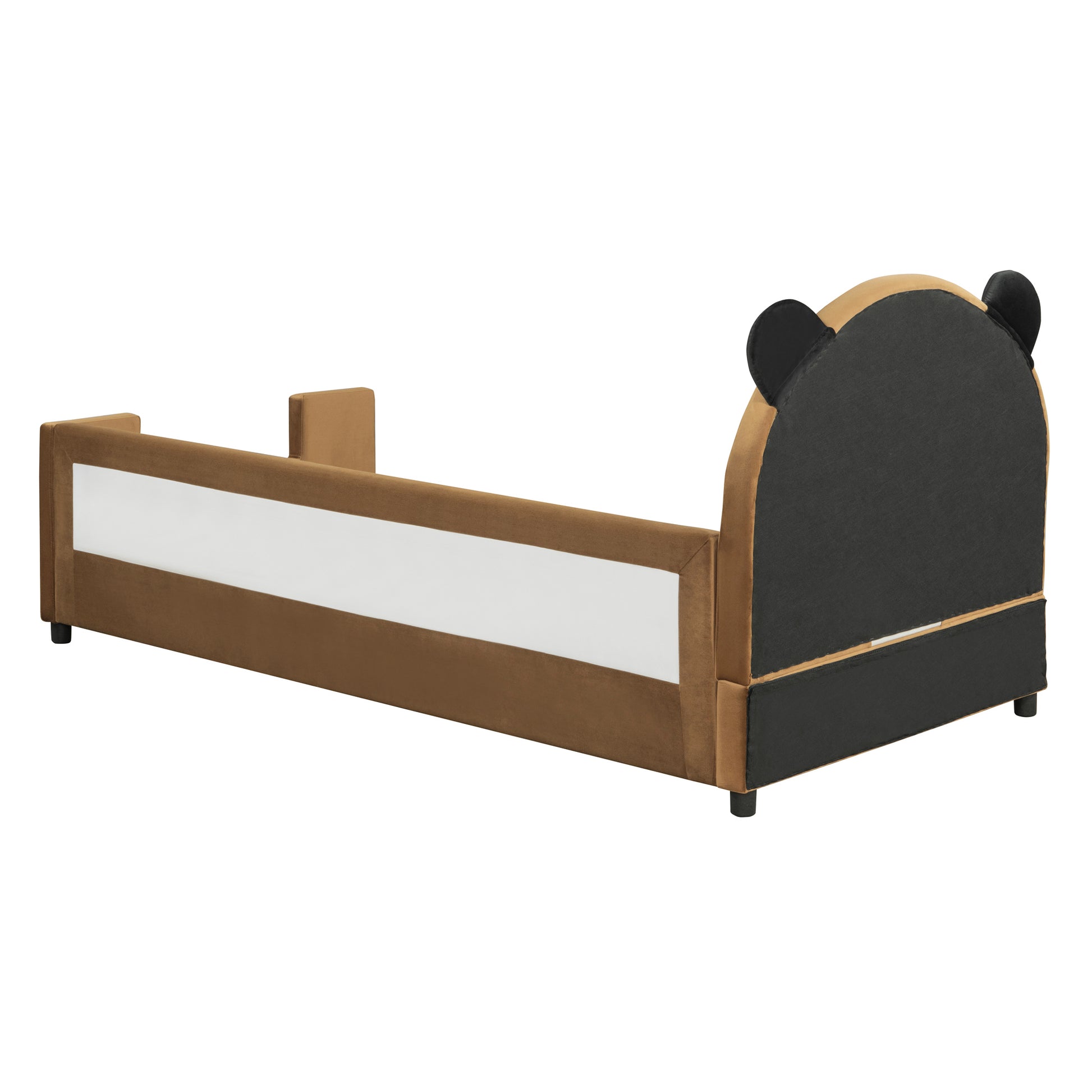 Twin Size Upholstered Daybed With Bear Shaped Headboard, Hydraulic System Andmesh Fence, Brown Brown Velvet