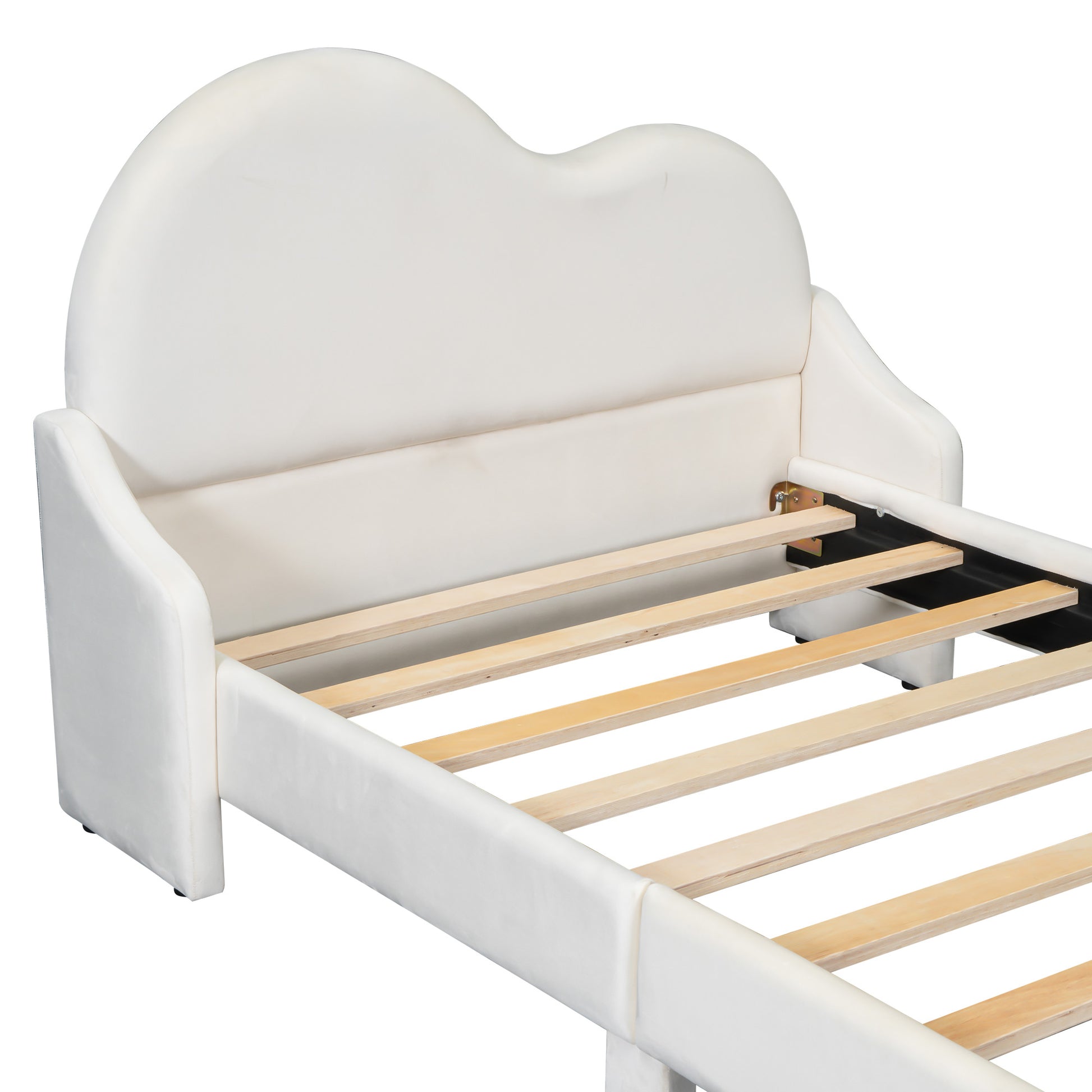 Twin Size Upholstered Platform Bed With Cloud Shaped Headboard, Beige Box Spring Not Required Twin Beige Bedroom Polyester Upholstered