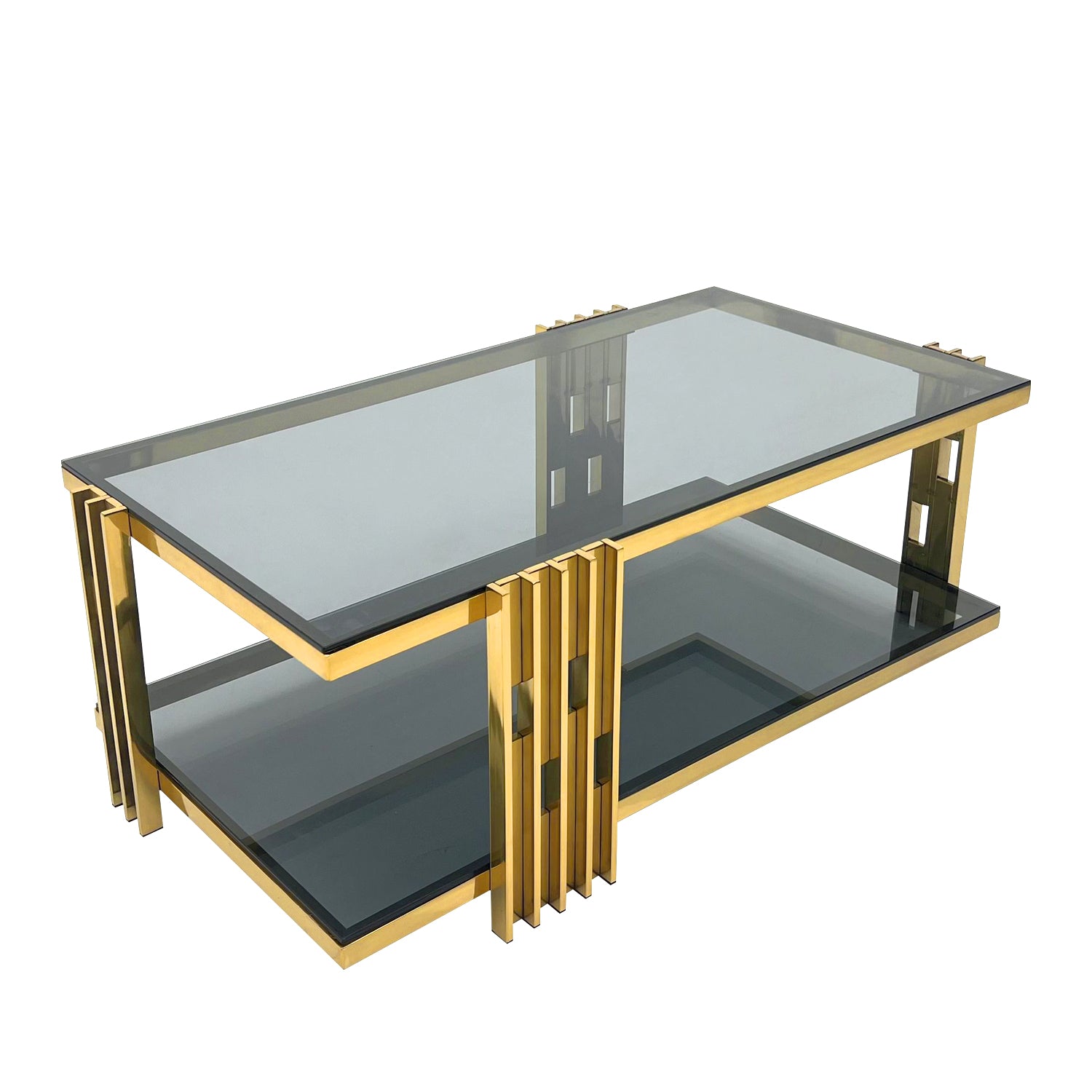 Golden Stainless Steel Double Layer Black Tempered Glass Coffee Table For Bed Room, Living Room Black,Gold Modern Open Storage Rectangular Stainless Steel,Tempered Glass