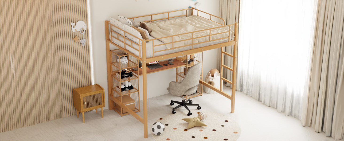 Full Size Metal Loft Bed With Built In Desk And Shelves, Gold Brown Box Spring Not Required Full Brown Gold Metal Bedroom Mdf Metal