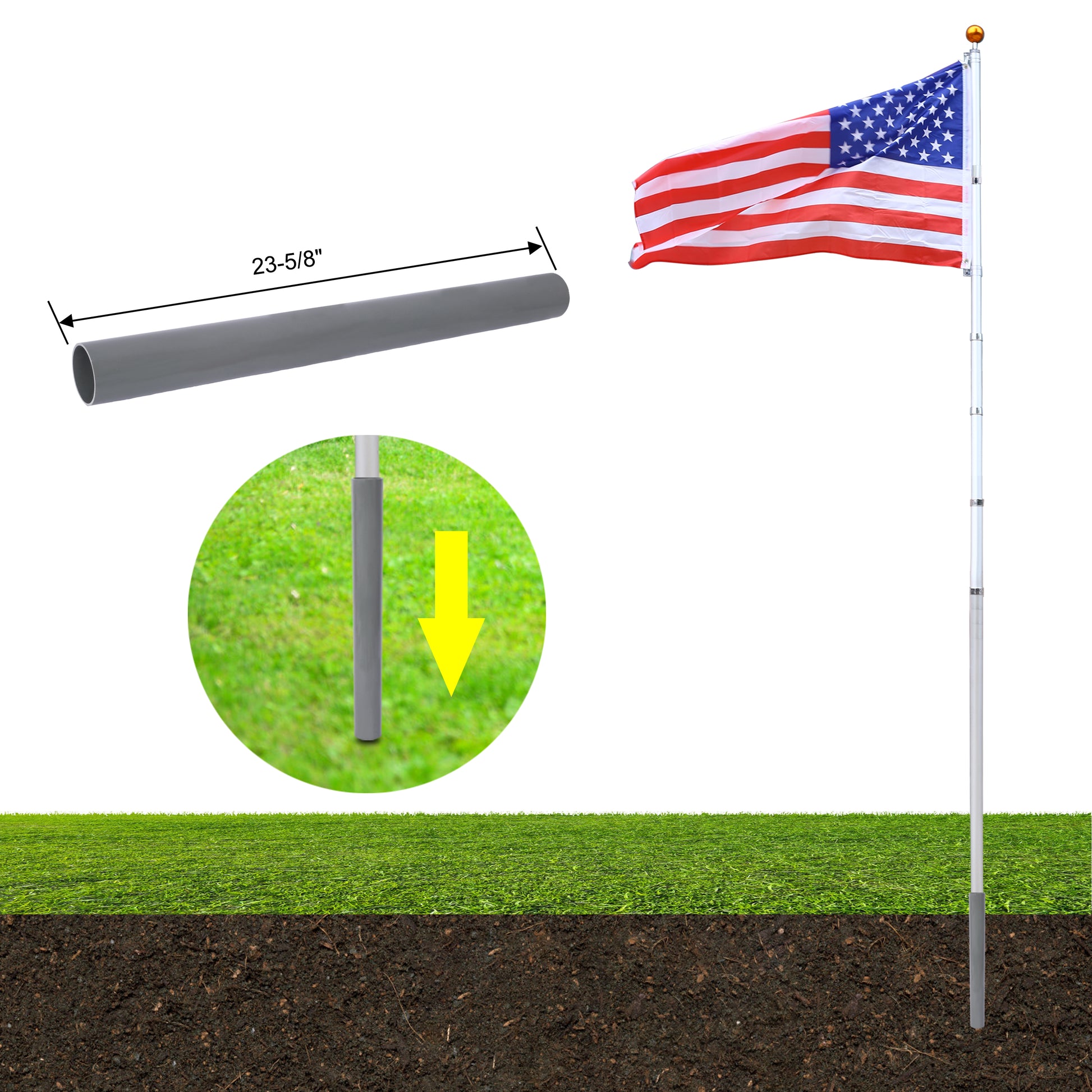 25Ft Telescopic Flag Pole Kit, Sectional Flag Pole Kit, Extra Thick Heavy Duty Aluminum Flagpole, Outdoor Inground Flag Poles With Topper Balls For Yard, Residential Or Commercial Silver Aluminium