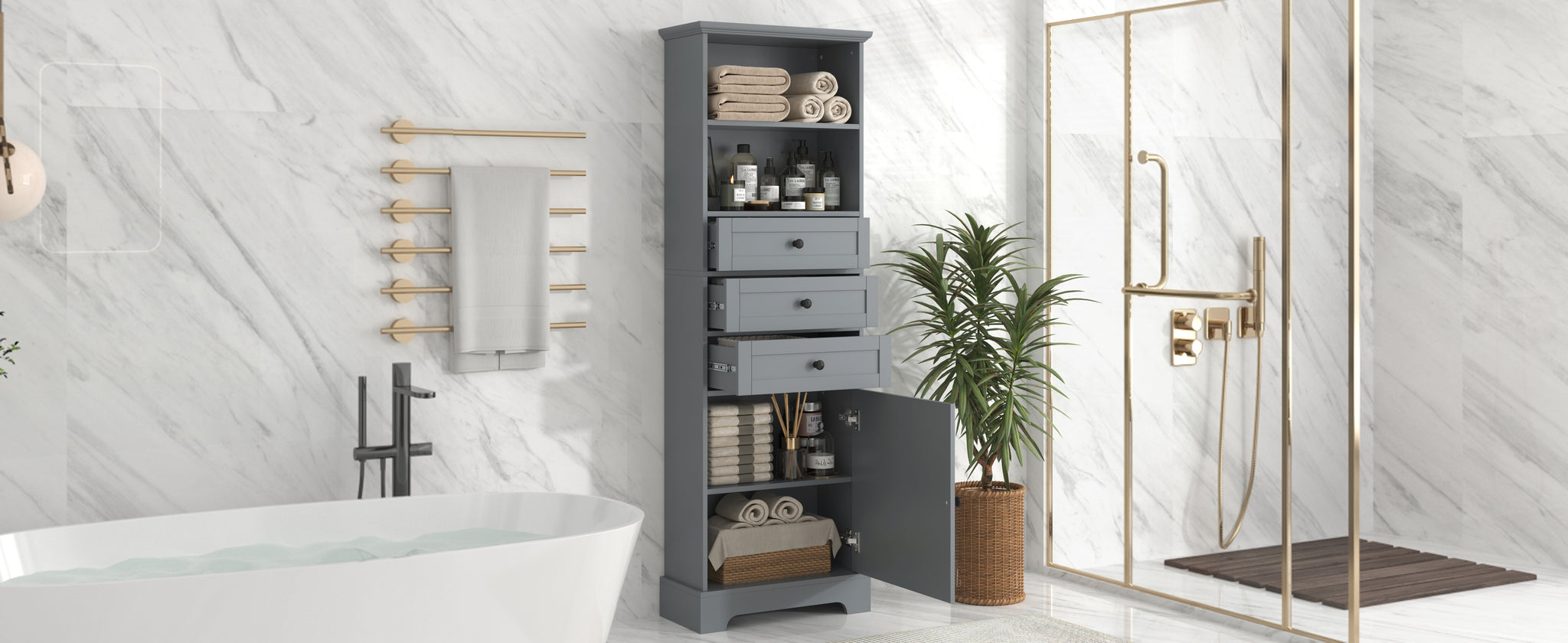 Gray Tall Storage Cabinet With 3 Drawers And Adjustable Shelves For Bathroom, Study, Office And Interior, Mdf Board With Painted Finish Gray Mdf