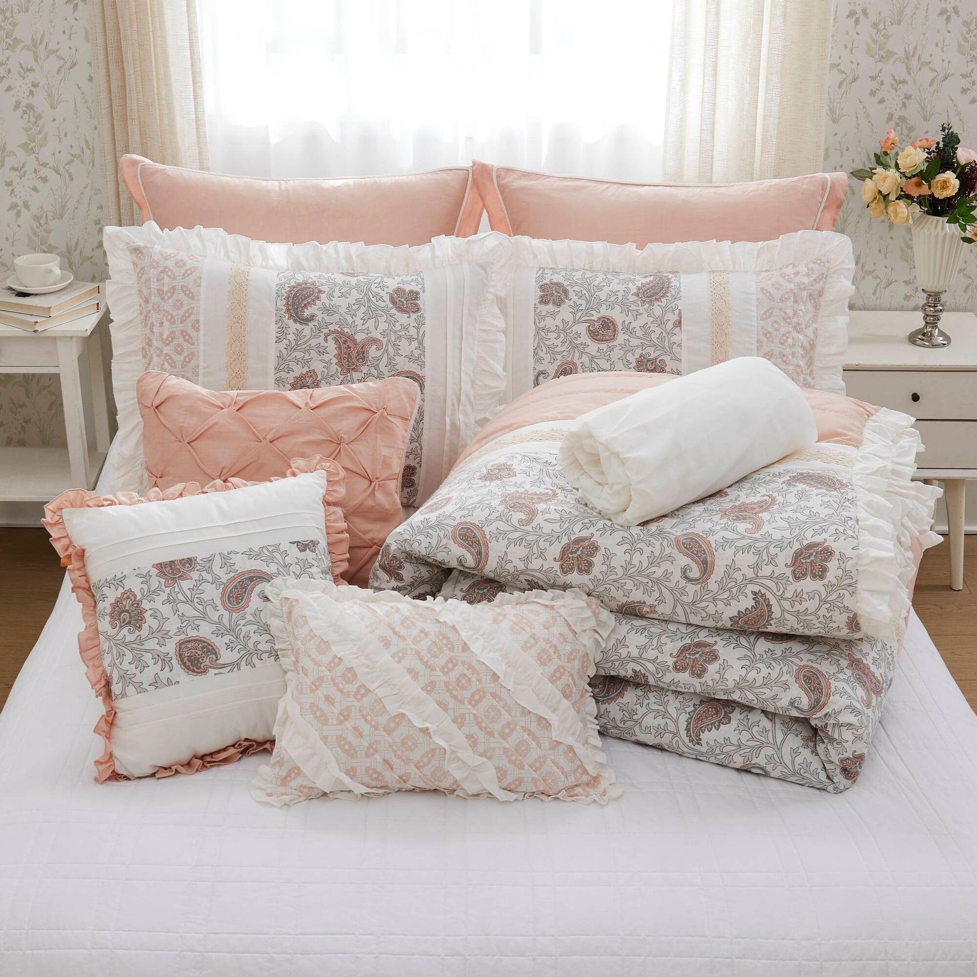 9 Piece Cotton Percale Comforter Set Blush Cal King California King Blush Polyester
