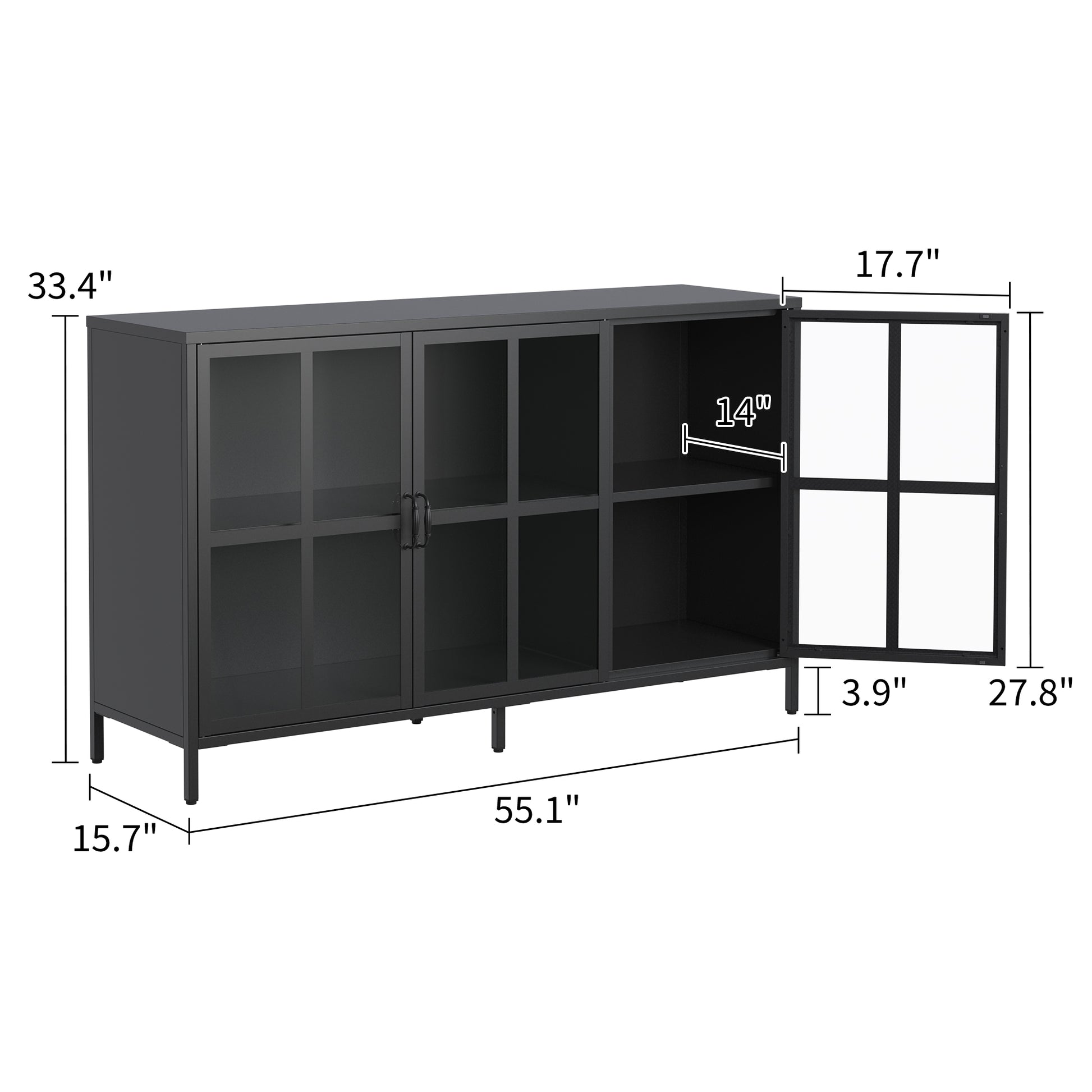 Heavy Duty Metal Modern Sideboard Buffet Cabinet With Storage Premium Steel Storage Cabinet ,Adjustable Feet,Glass Doors,Large Capacity Organizer For Living Room,Bed Room,Dining Room Black Kitchen