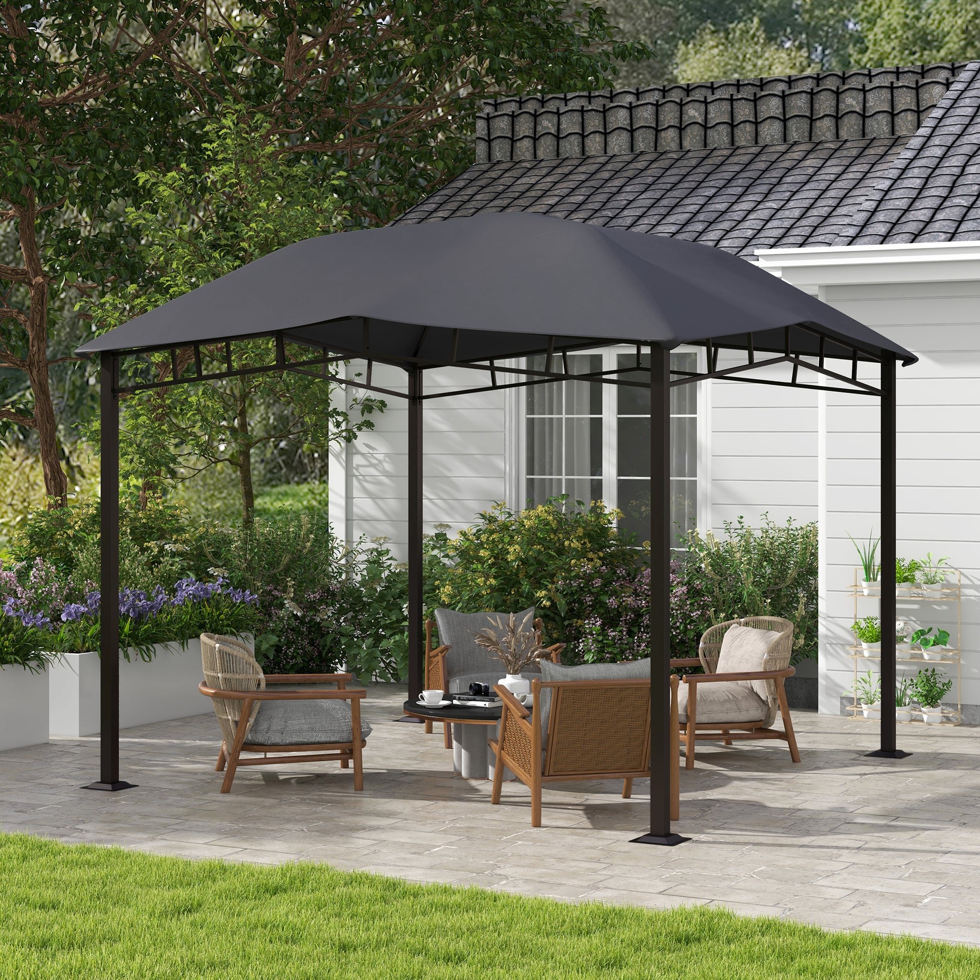 Outsunny 10' X 10' Soft Top Patio Gazebo Outdoor Canopy With Unique Geometric Design Roof, All Weather Steel Frame, Gray Black Grey Polyester