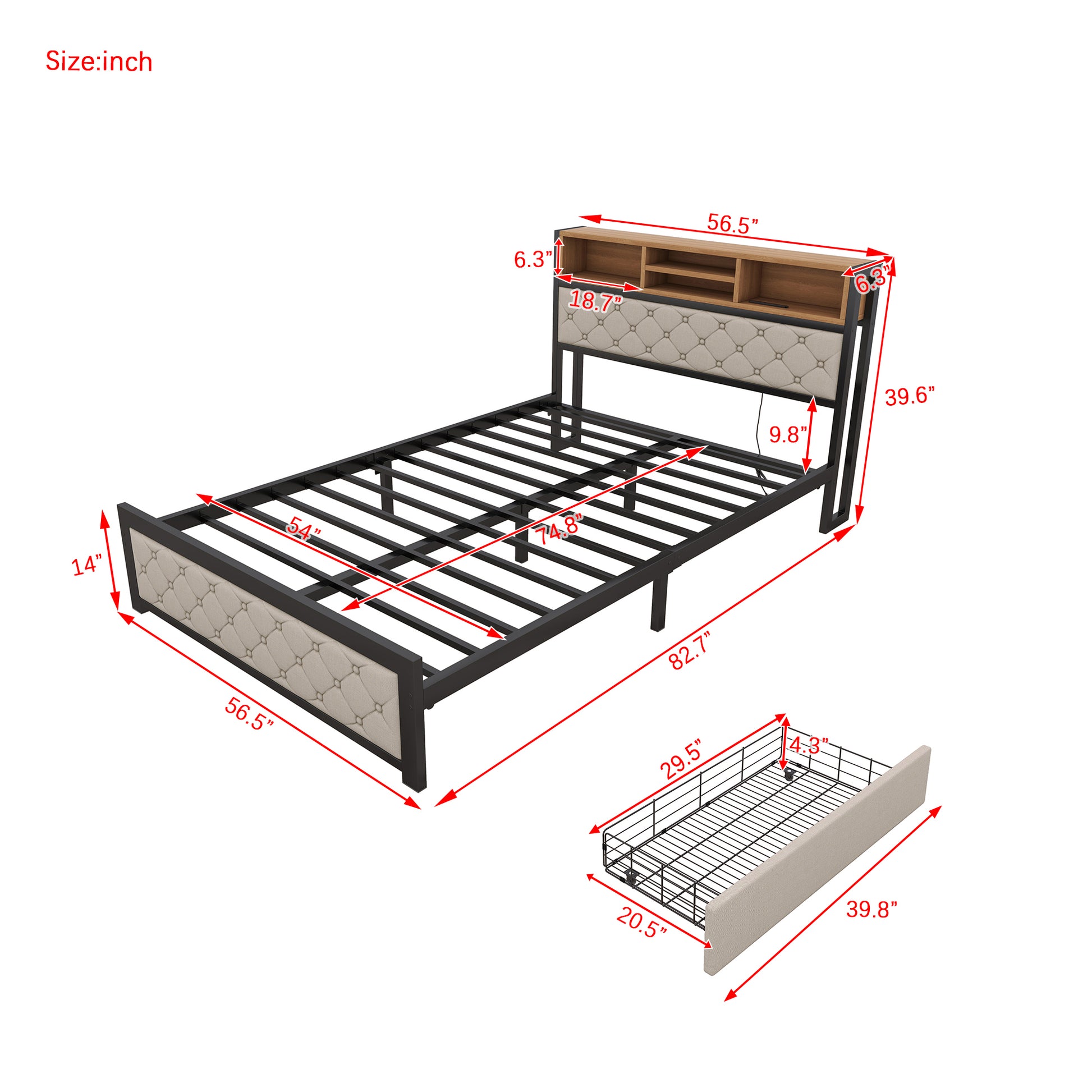Metal Full Size Platform Bed With 4 Drawers, Upholstered Headboard And Footboard, Sockets And Usb Ports, Beige Full Beige Black Fabric Metal