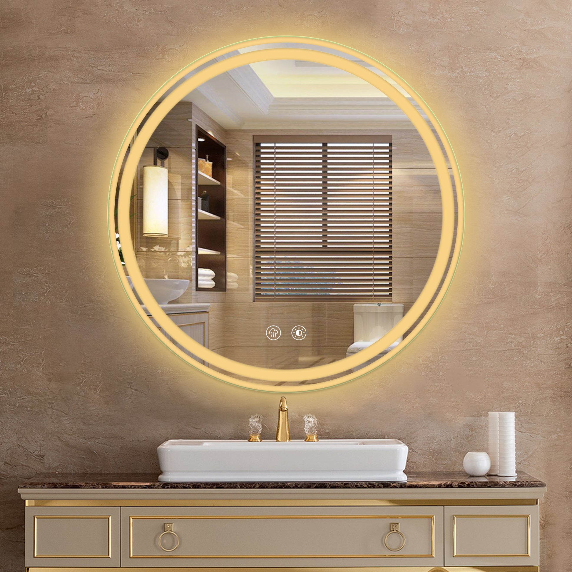 Round Bathroom Mirror 24X24 Inch White Black Aluminium,Tempered Glass