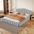 Velvet Upholstered Queen Bed Floor Bed Frame Shell Shaped Headboard For Bedroom,No Box Spring Needed,Light Blue Box Spring Not Required Queen Light Blue Wood Bedroom Contemporary Bed Frame Upholstered