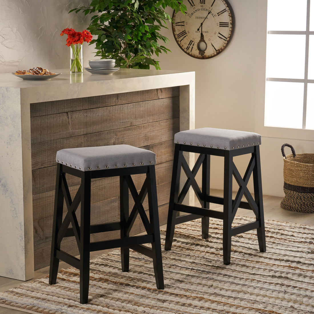 Saddle Barstool Light Grey Wood Fabric