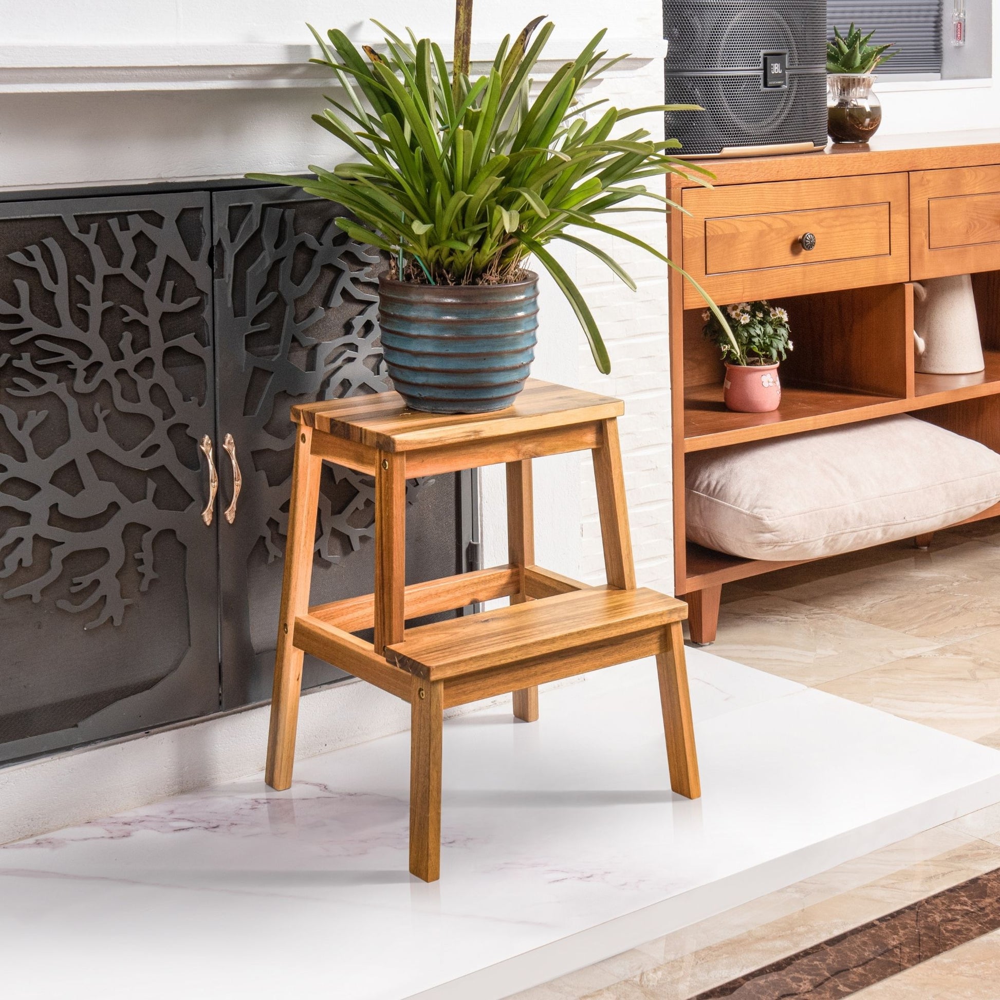 Acacia Wood Two Steps Stool Small Size Rectangle Acacia Wood Light Brown Primary Living Space American Design Acacia Wood