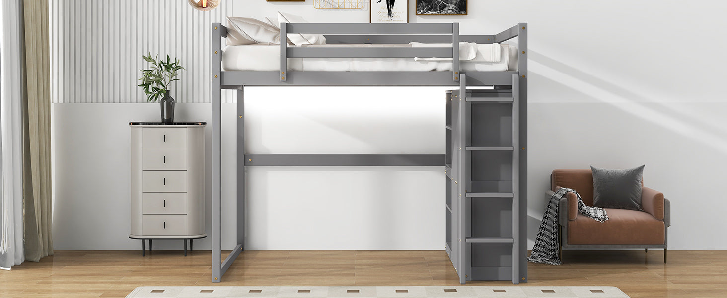 Wood Full Size Loft Bed With Built In Wardrobe And Storage Shelves, Led Light, Gray Box Spring Not Required Full Gray Wood Bedroom Bed Frame Solid Wood Mdf