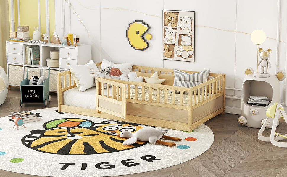 Twin Size Floor Bed, Integral Construction With Super High Security Barrier, Door, Children'S Floor Bed Frame, Montessori Wooden Children'S Floor Bed, Support Slat Natural Wood Box Spring Required