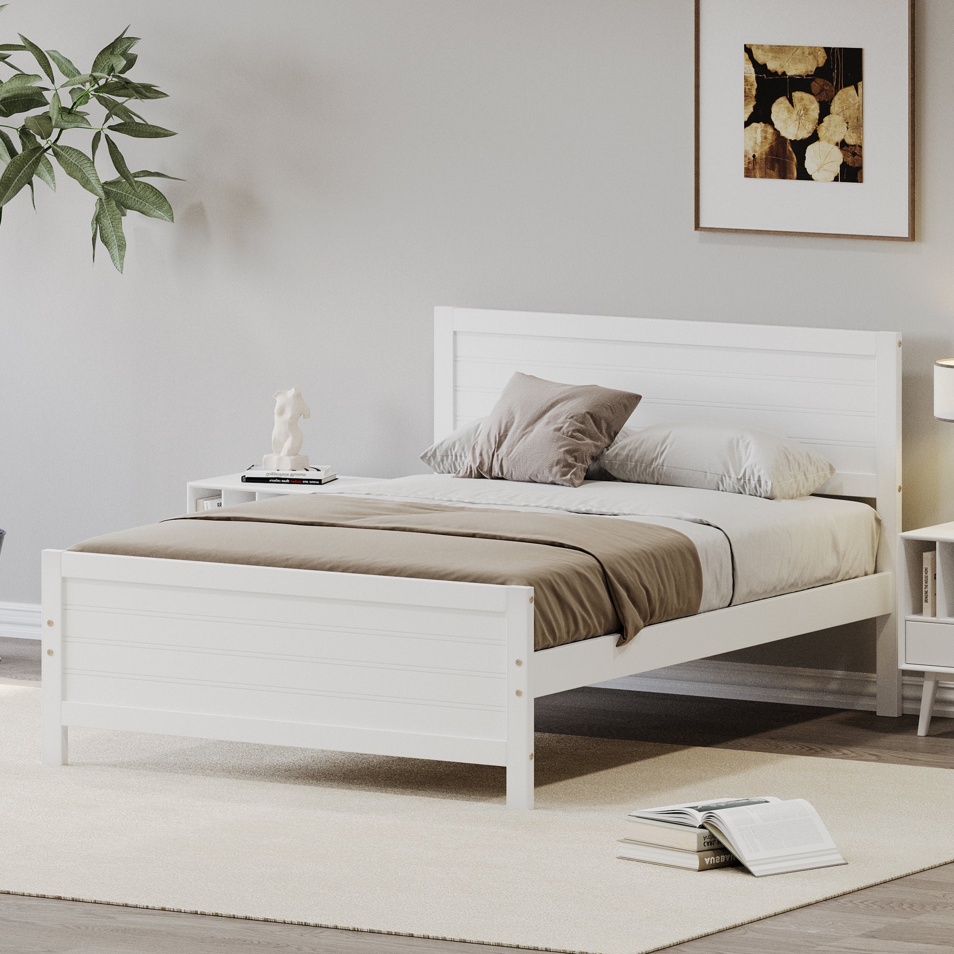 Wood Platform Bed Frame With Headboard, Mattress Foundation With Wood Slat Support, No Box Spring Needed, Full Size, White Box Spring Not Required Full White Wood Solid Wood Mdf