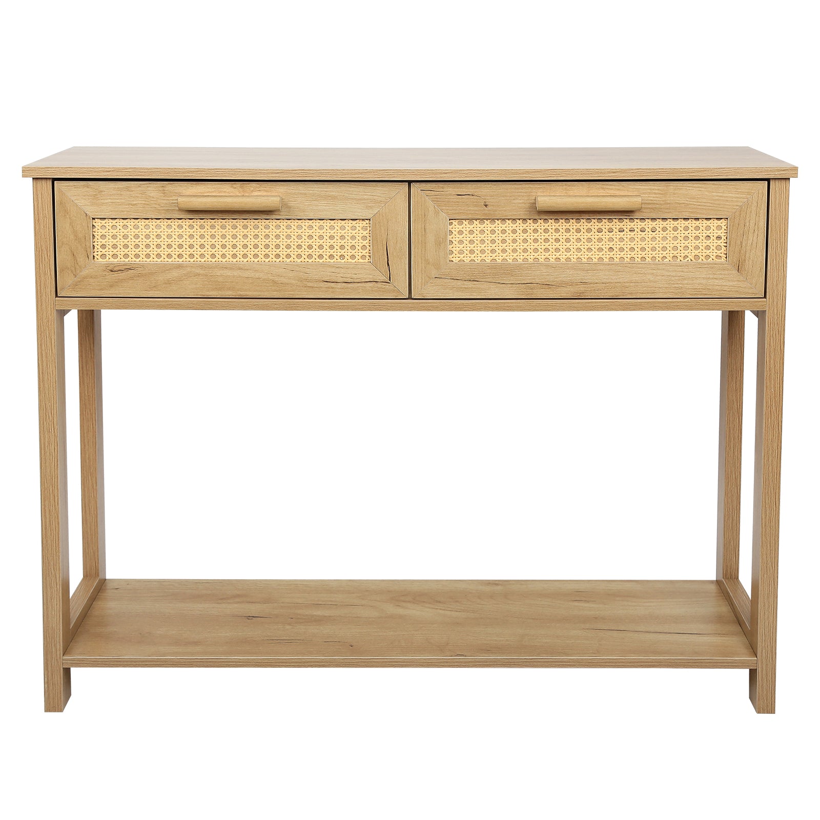 Console Table With 2 Drawers, Sofa Table, Entryway Table With Open Storage Shelf, Narrow Accent Table With Rattan Design For Living Room Entryway Hallway, Natural Color Natural Particle Board