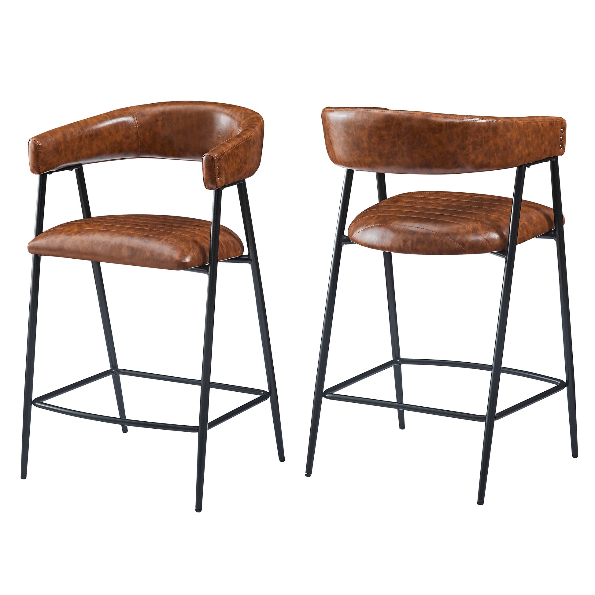 26'' Counter Stools Set Of 2, Pu Upholstered Counter Stools With Iron Frame, Backrest, Footrest, Arm Counter Stools For Home Bar, Kitchen Counter, Brown Iron Brown Kitchen Sponge Traditional Set Of