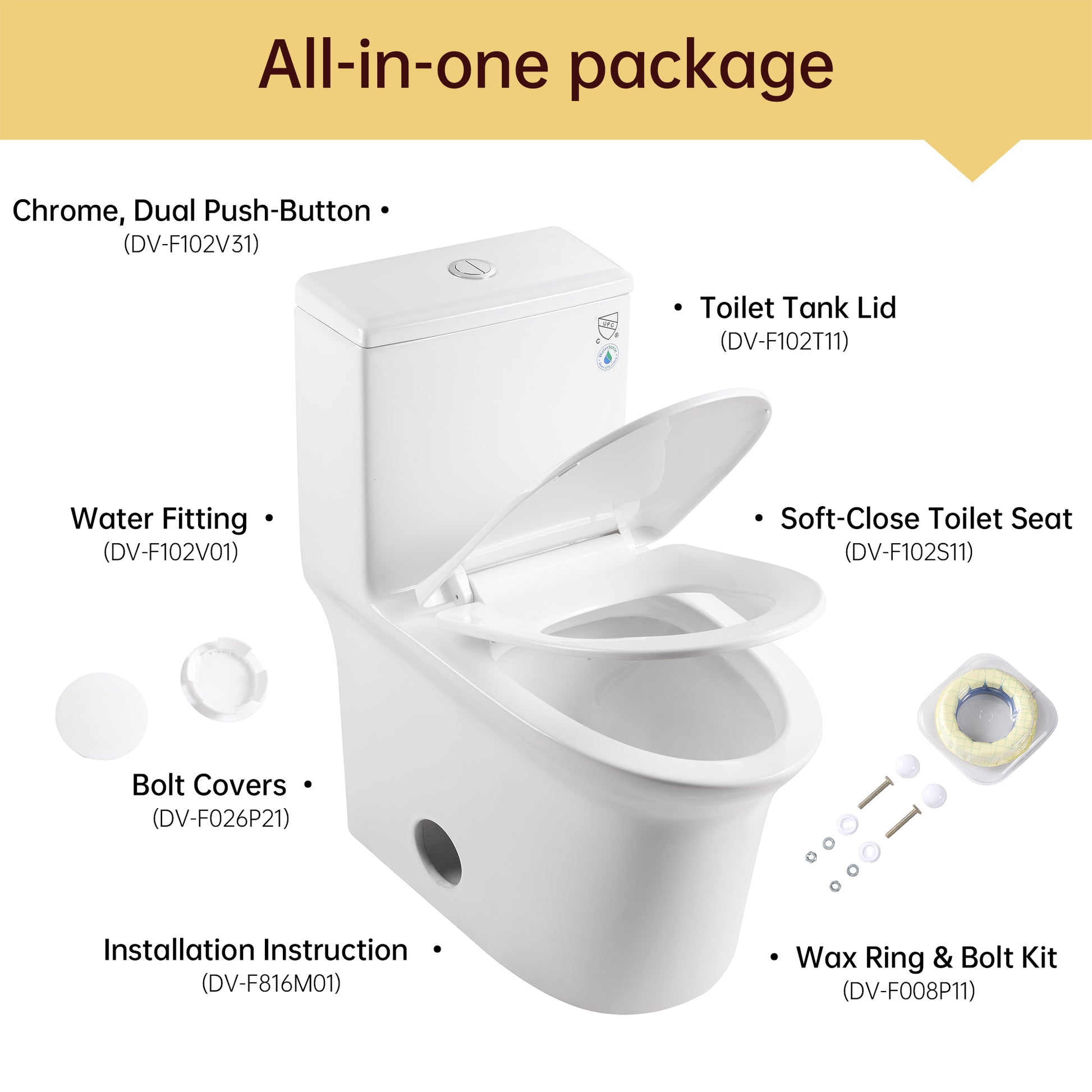 1.1 1.6 Gpf Elongated Comfort Height Super Quite Flushing Floor Mounted One Piece Toilet, Cupc Certified, Watersense Cetified, Ceramic, White Color, Soft Close Seat White Ceramic