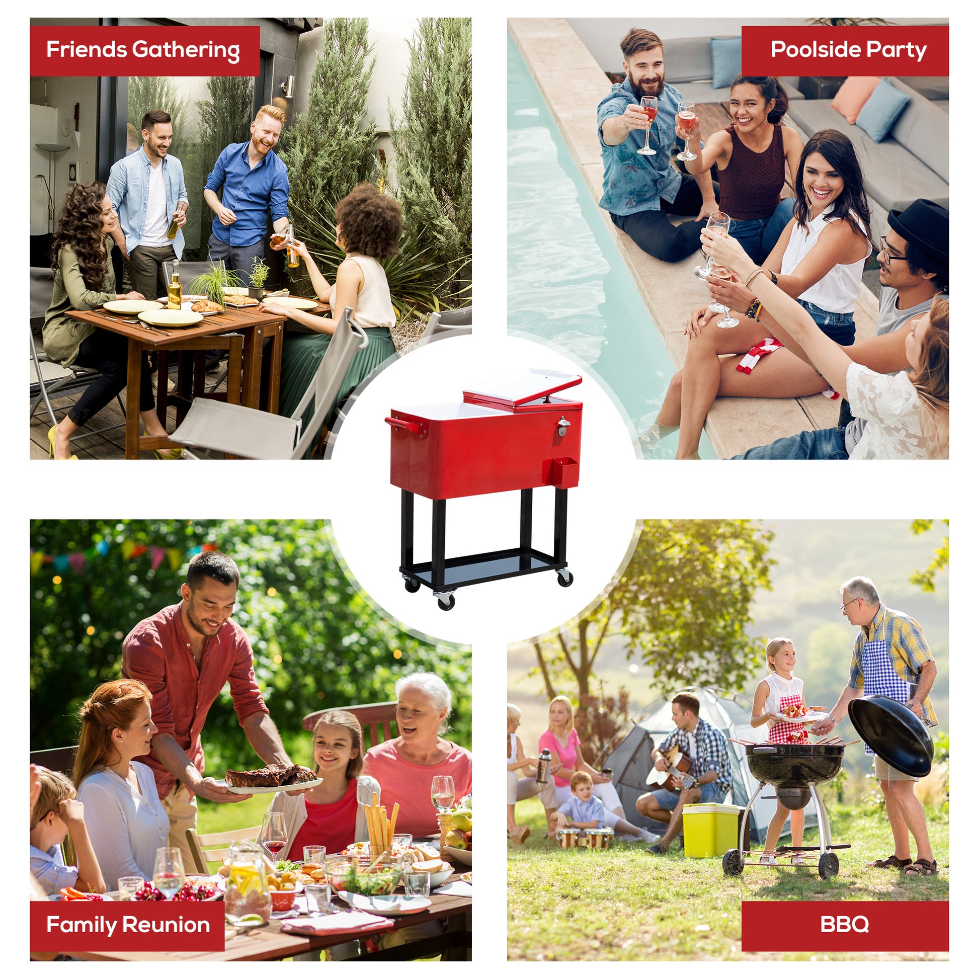 Outsunny 80 Qt Rolling Cooling Bins Ice Chest On Wheels Outdoor Stand Up Drink Cooler Cart For Party, Red Red Plastic