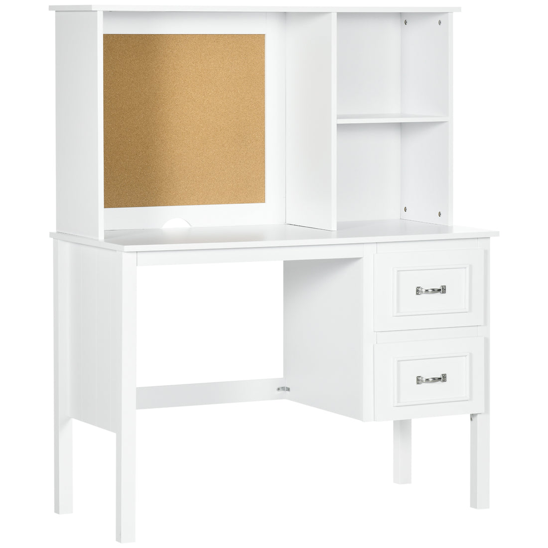 Homcom Computer Desk With Drawers & Shelves, Home Office Desk With Storage & Corkboard, Workstation Table With Cable Hole, White White Mdf