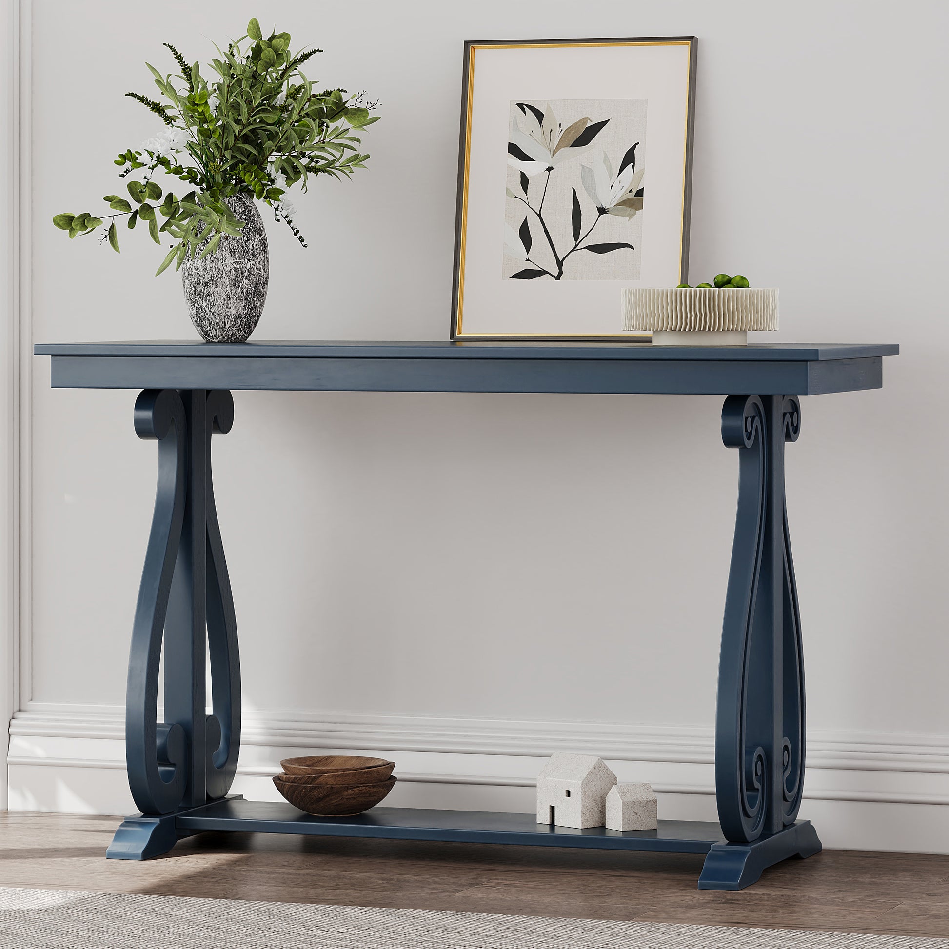48 Inch Rustic Vintage Console Tablefarmhouse Style Entryway Table With Open Shelf And Sturdy Construction For Entryway And Living Room Navy Navy Distressed Finish Primary Living Space Antique,Rustic,Vintage Open Storage Console Tables Brushed