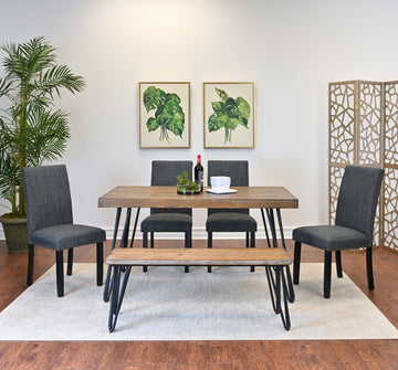 Amisos 6 Piece Dining Set, Hairpin Dining Table With 4 Chairs And A Wood Bench, 3 Color Options Wood Brown Seats 6 Brown Metal Dining Room Fixed Table Rubberwood Rectangular 4 Leg Rectangular Dining Table With Chair And Bench Mdf