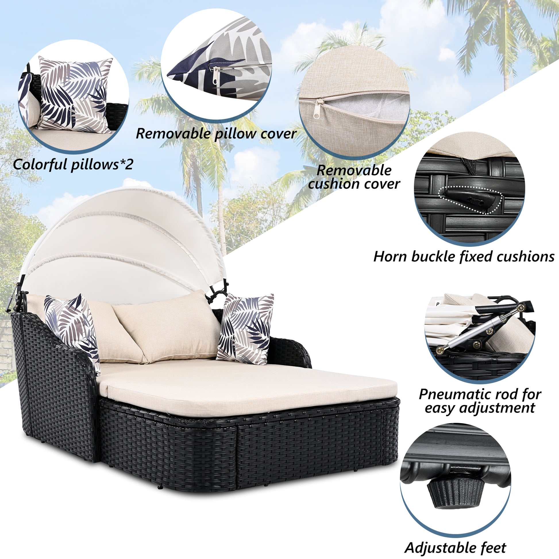 79.9" Outdoor Sunbed With Adjustable Canopy, Double Lounge, Pe Rattan Daybed, Black Wicker And Beige Cushion Yes Beige Black Wicker