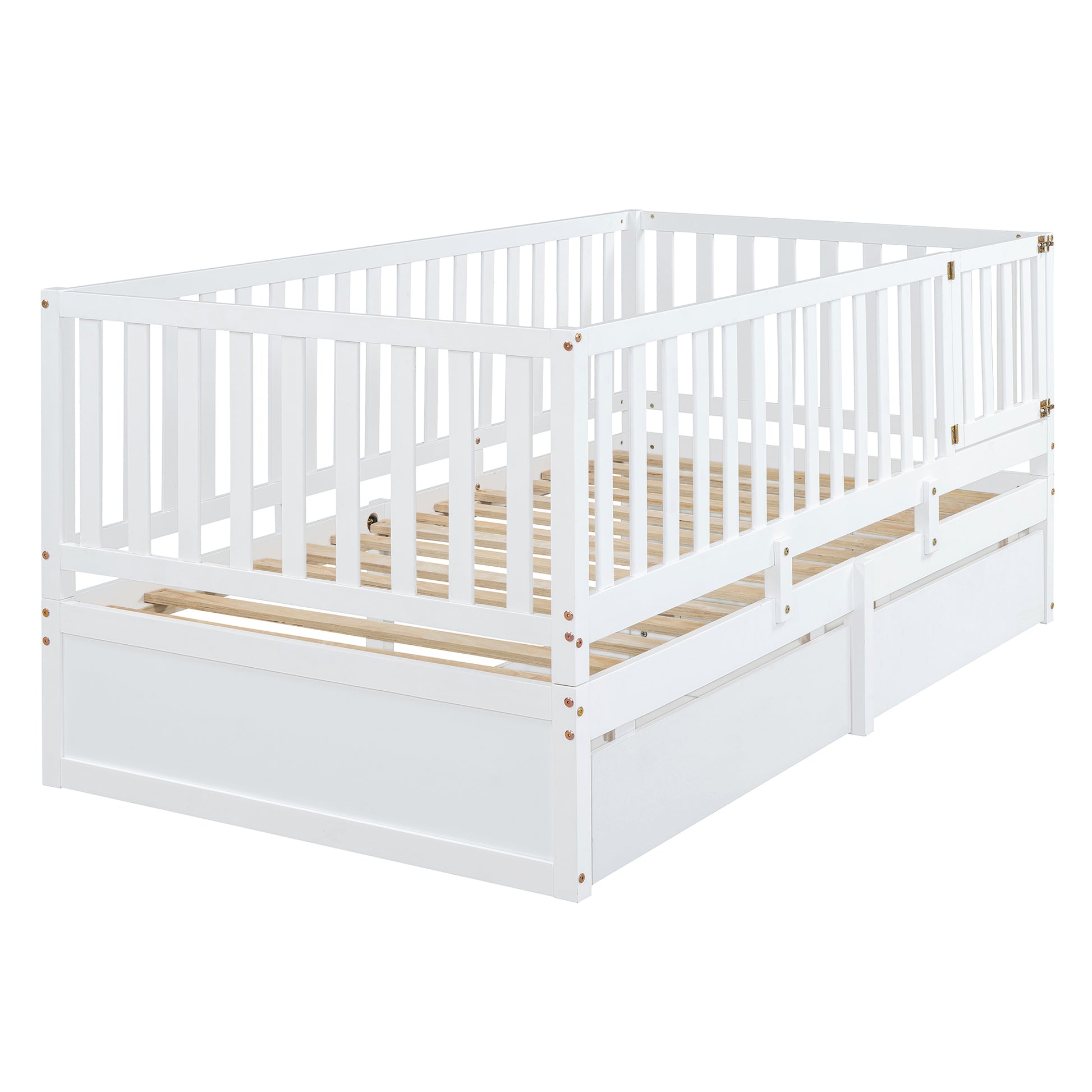 Twin Size Wood Daybed With Fence Guardrails And 2 Drawers, Split Into Independent Floor Bed & Daybed, White Old Sku :Lp000881Aak Twin White Solid Wood Mdf