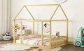 Full Size Floor Wooden Bed With House Roof Frame And Safety Guardrails ,Natural Full Natural Pine