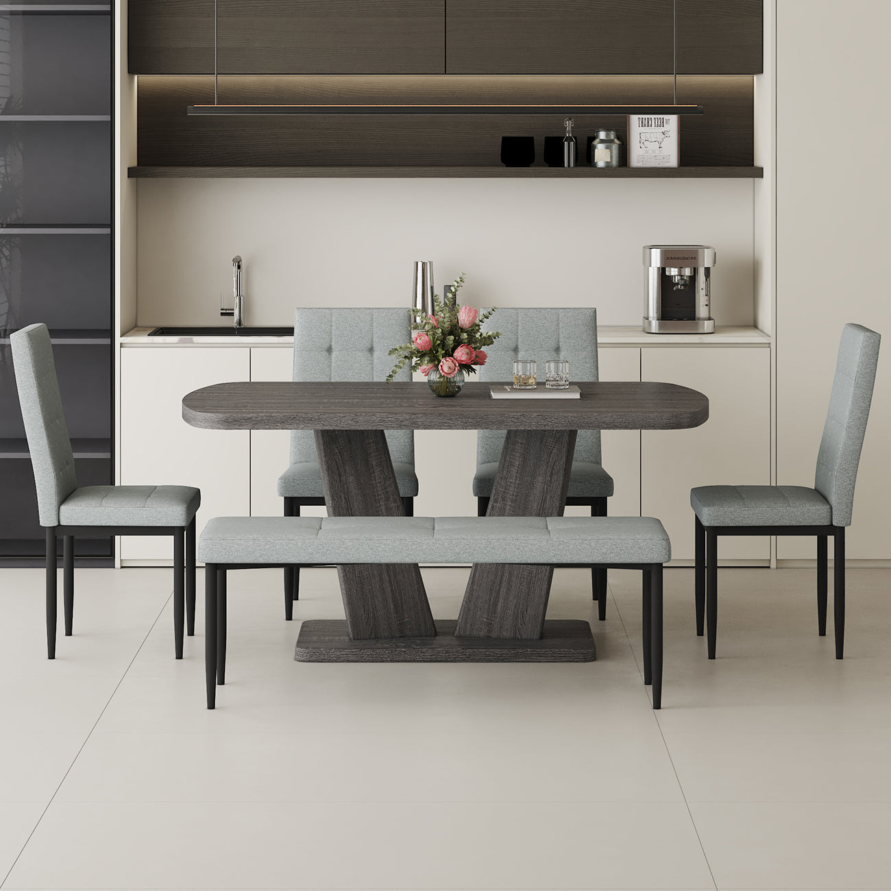 63" Modern Style 6 Piece Dining Table With 4 Chairs & 1 Bench, Table With Wood Veneers Tabletop And V Shaped Table Legs Metal Grey Modern Rectangular Mdf Mdf