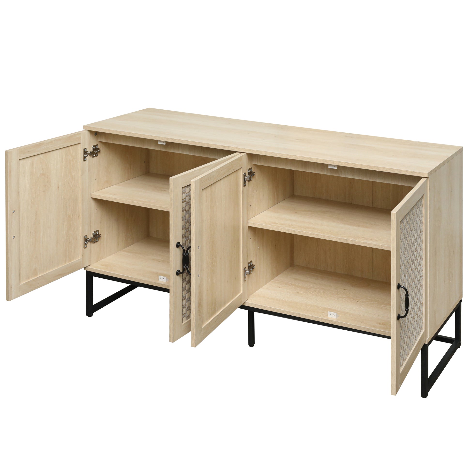 Rattan 4 Door Sideboardsideboard Buffet Storage Cabinet,Accent Storage Cabinetlarge Cabinet With 4 Rattan Decorated Doors For Living Room Dining Room Natural Particle Board Mdf