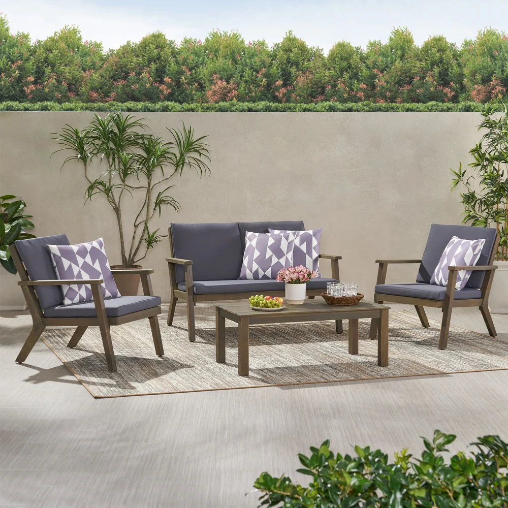 Temecula Outdoor Acacia Wood 4 Seater Chat Set Loveseat&Coffee Table&2 Club Chairs Gray Finish Dark Gray Cushion Yes Complete Patio Set Gray Seats 4 Weather Resistant Frame Water Resistant Cushion Garden & Outdoor Complete Patio Sets Acacia Wood