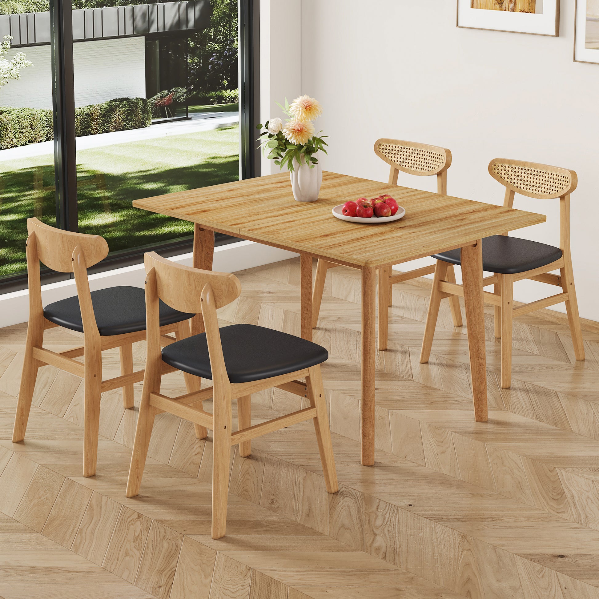 Wood Colored Mdf Desktop With Rubber Wooden Legs, Foldable Computer Desk, Foldable Office Desk, Solid Wood Dining Chair With Small Curved Back And Pu Cushion, Zd 1545 Dx 2361 Wood Seats 4 Wood