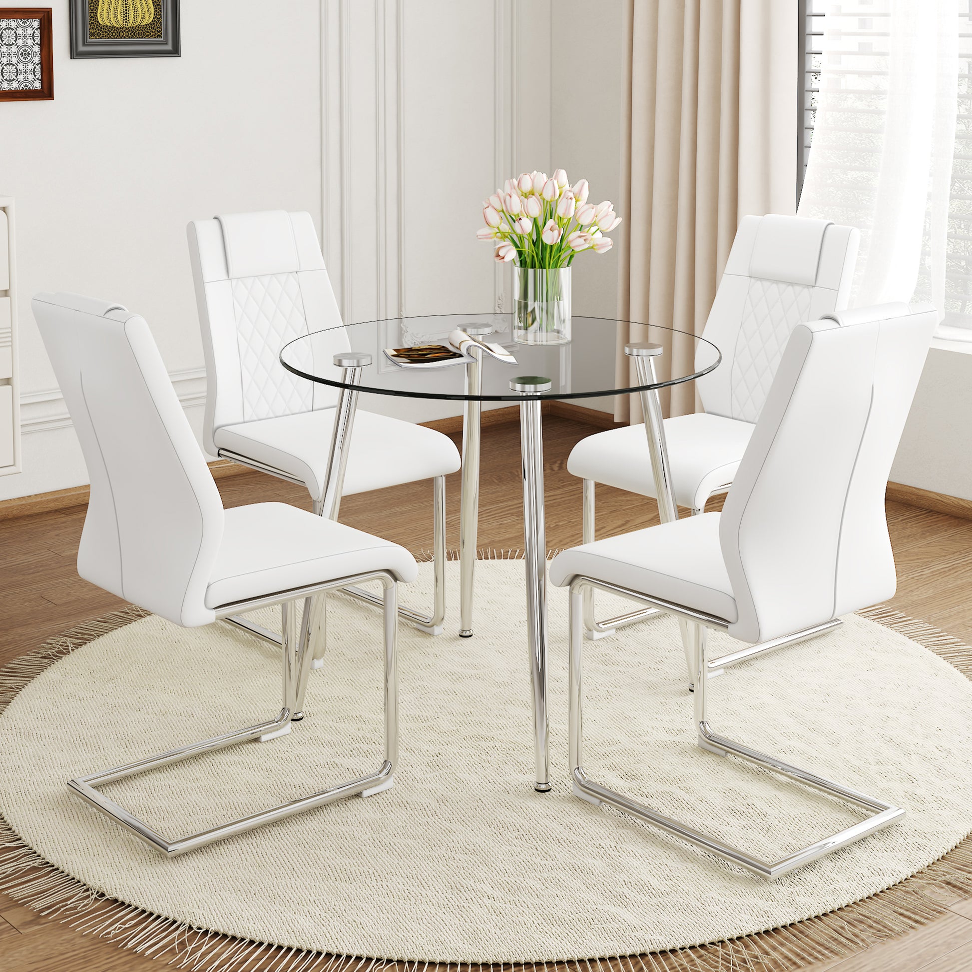 A Modern Minimalist Round Transparent Tempered Glass Table With Silver Metal Legs And 4 Modern Pu Leather High Backed Dining Chairs For A Luxurious Experience. White Seats 4 Glass Metal