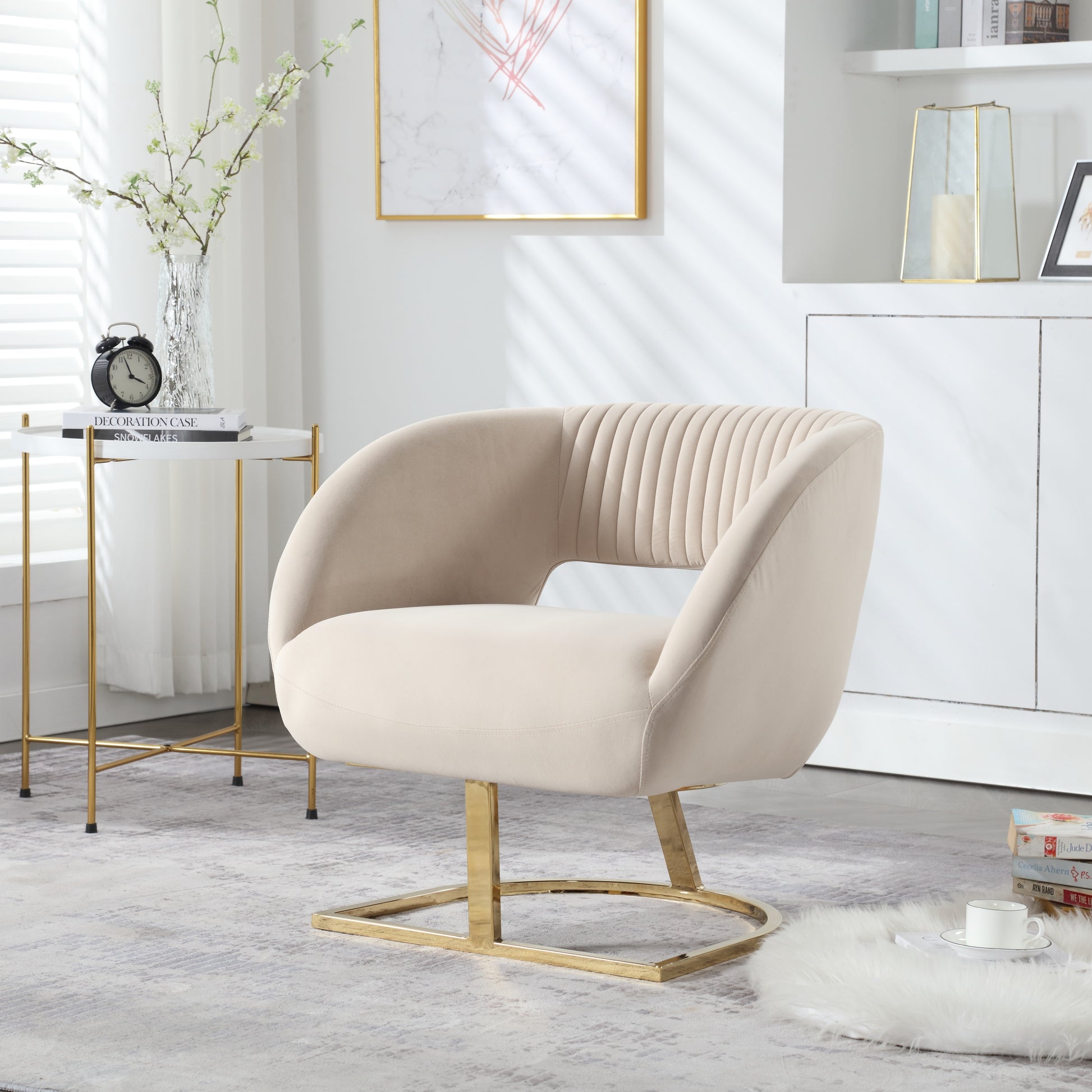 Coolmore Upholstered Tufted Living Room Chair Textured Linen Fabric Accent Chair With Metal Stand Beige Velvet