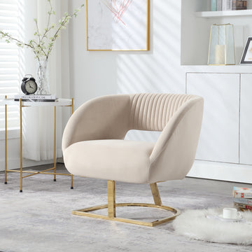 Coolmore Upholstered Tufted Living Room Chair Textured Linen Fabric Accent Chair With Metal Stand Beige Velvet