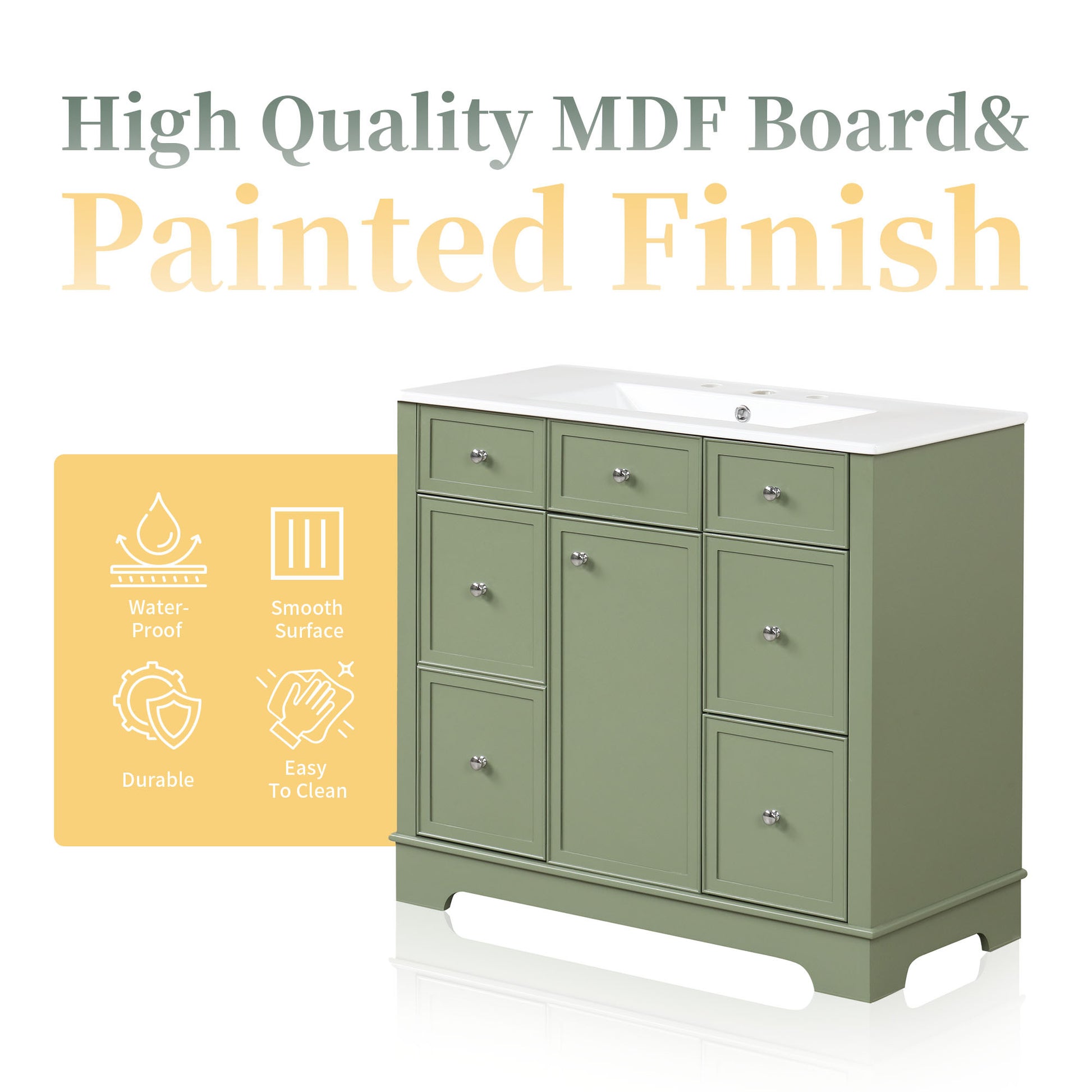 36" Bathroom Vanity With Sink, One Cabinet With Three Drawers And One Flip Drawer, Solid Wood And Mdf Board, Green Green Solid Wood Mdf