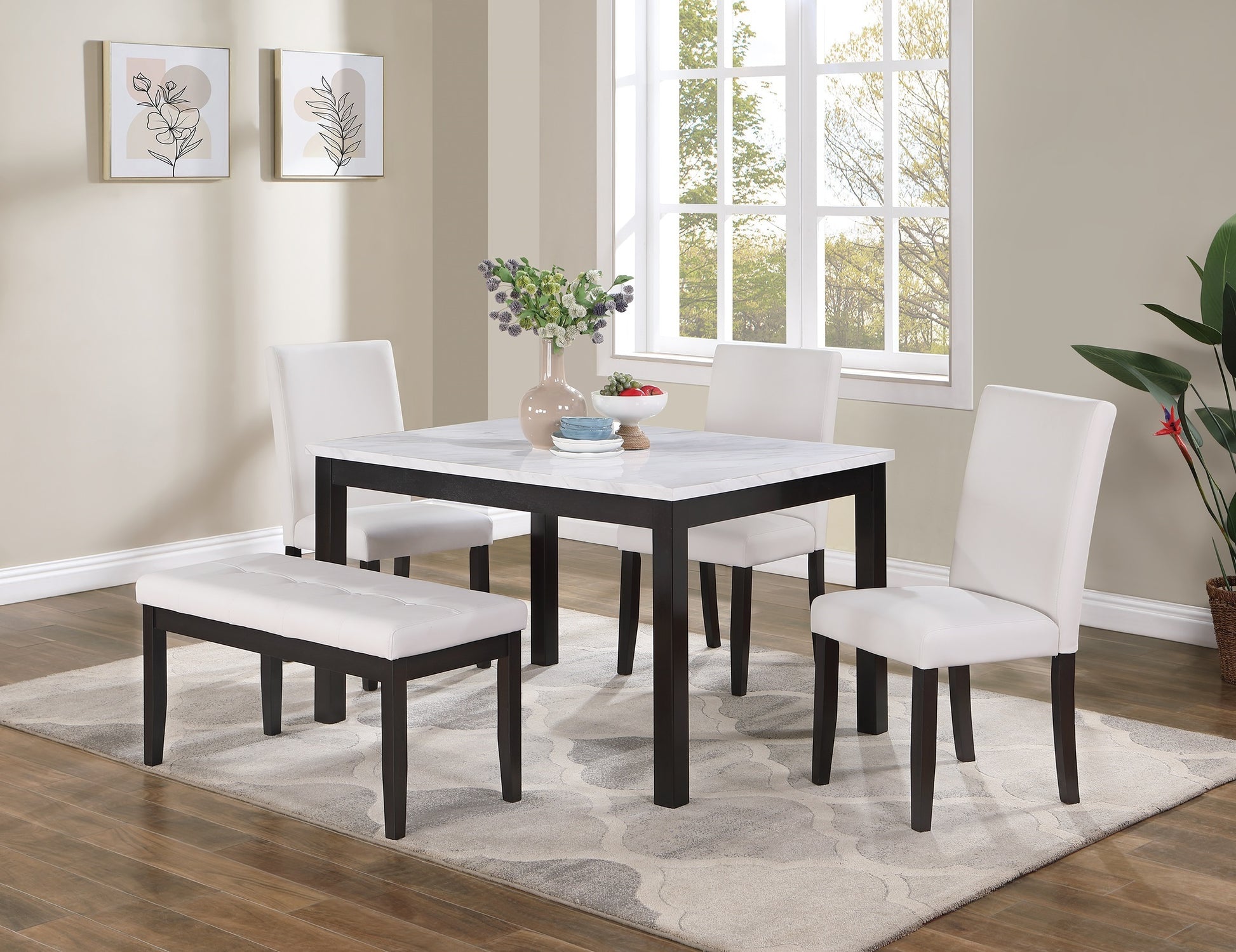 Classic Stylish 5Pc Dining Set Kitchen Dinette Faux Marble Top Table Bench And 3X Chairs White Faux Leather Cushions Seats Dining Room Upholstered Chair White Solid Back Seats 4 Wood Dining Room 48 Inches Contemporary,Modern,Transitional 4 Leg