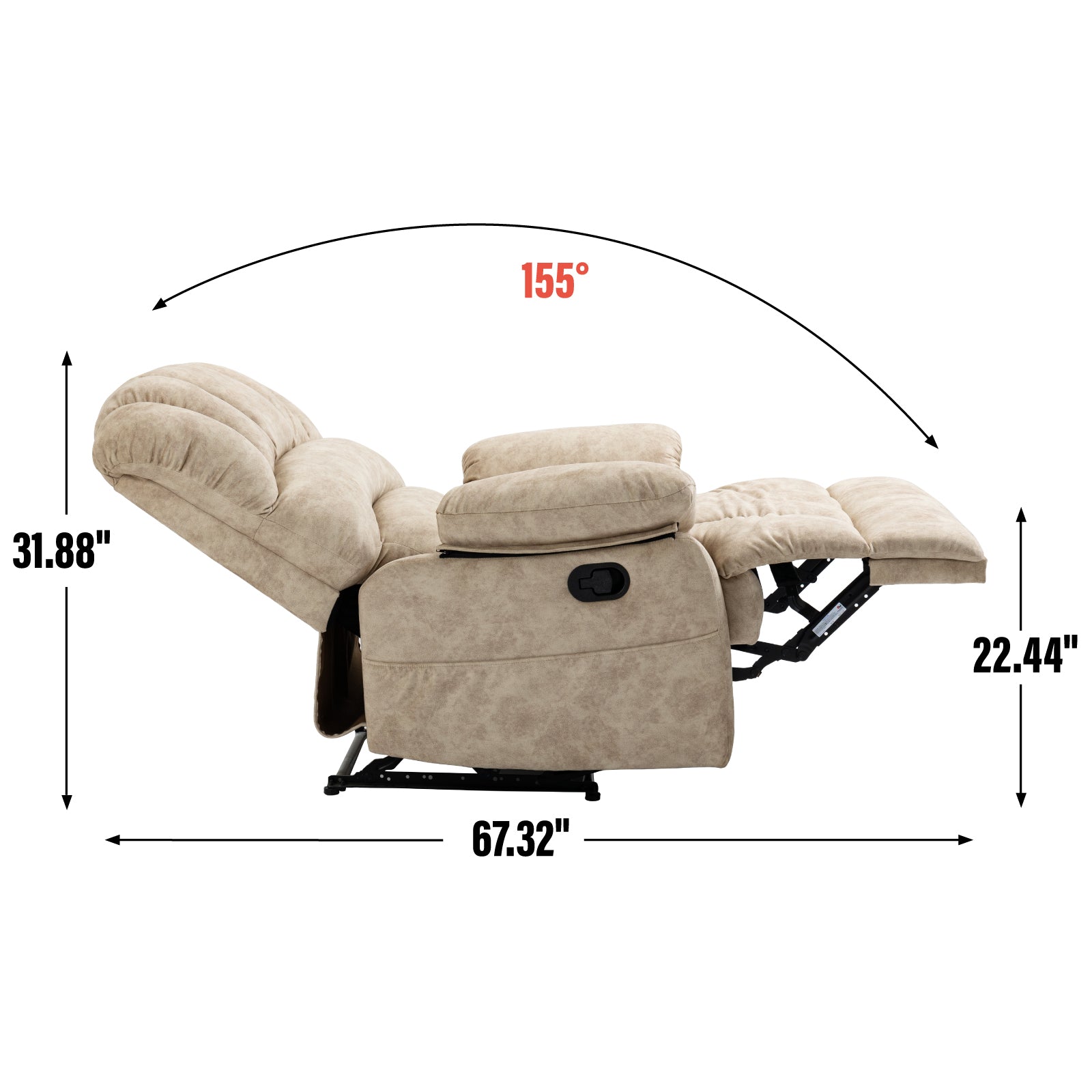 Large Manual Recliner Chair In Fabric For Living Room, Beige Beige Velvet Manual Handle Metal Primary Living Space Medium Firm Cushion Back Heavy Duty American Design Pine Pillow Top Arms Fiber Foam And Polyester Fiber Pad Fabric