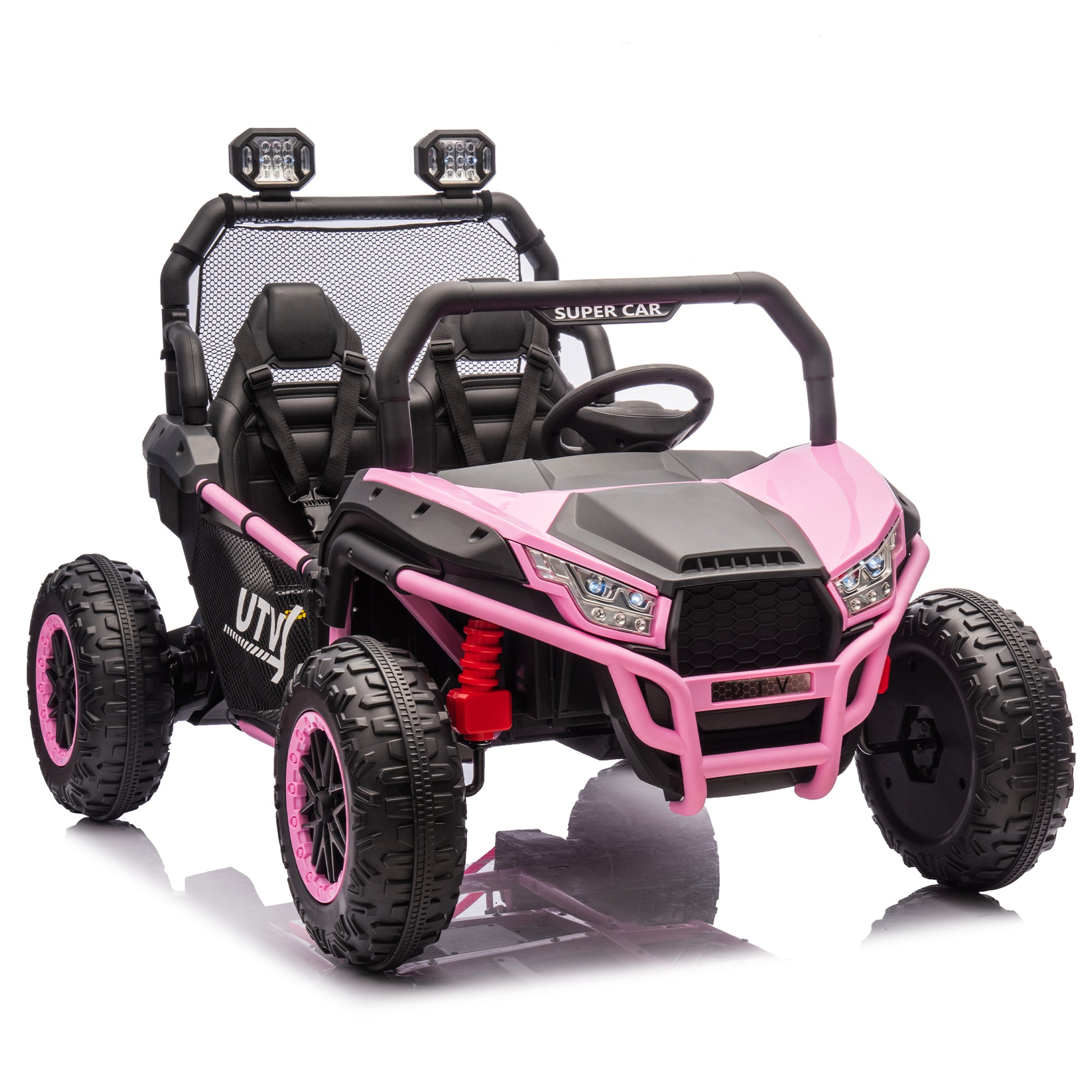 24V Two Seater Kids Ride On Utv W Parents Control,400W Super Power,Four Wheel Suspension,Led Light With Rear Searchlight,Bluetooth,Mp3,Music,Rear Storage Space,Speeds 3.73 4.97Mph For Kids Aged 3 . Pink Polypropylene