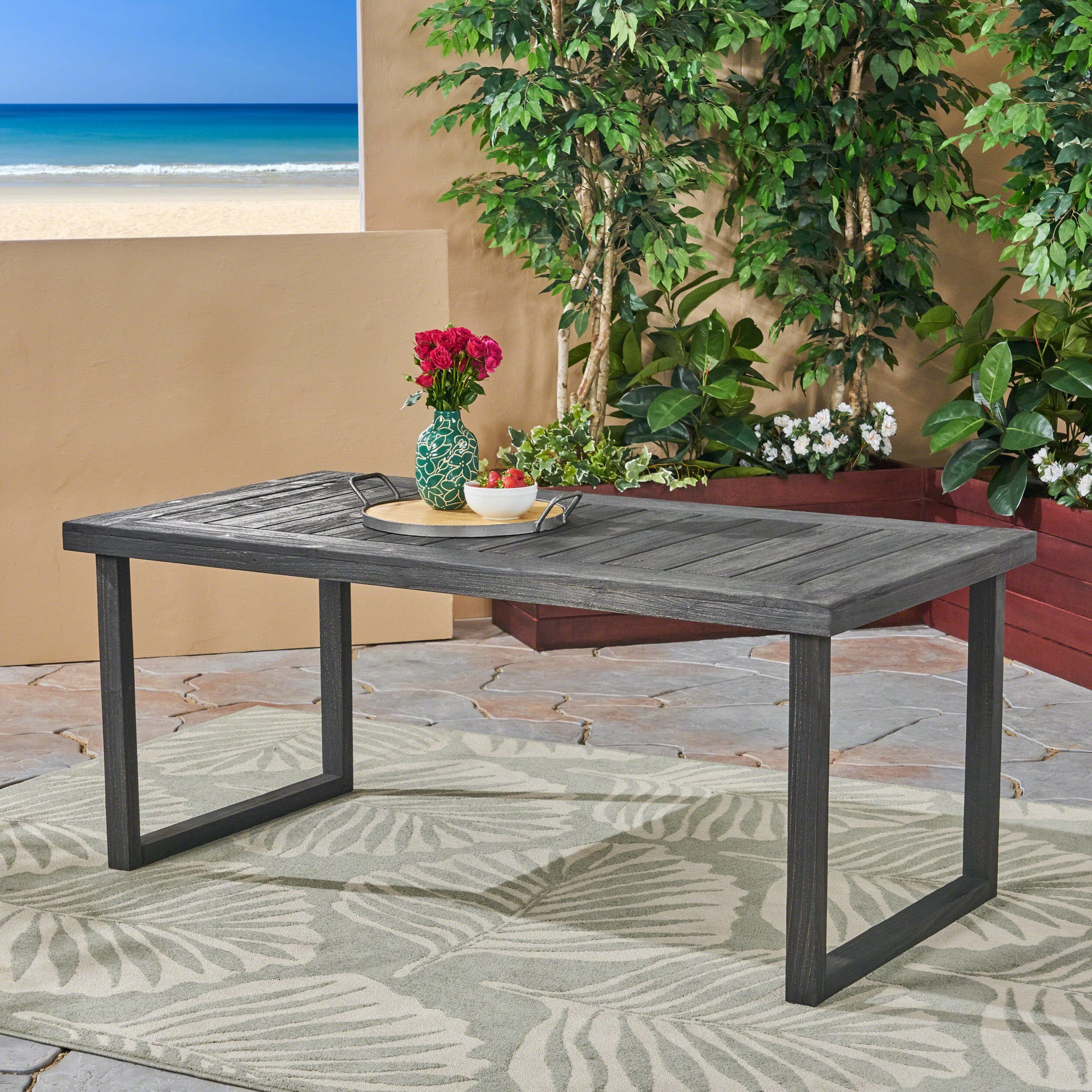 Outdoor 69" Acacia Wood Dining Table, Sandblast Dark Gray Finish Dark Grey Acacia Wood