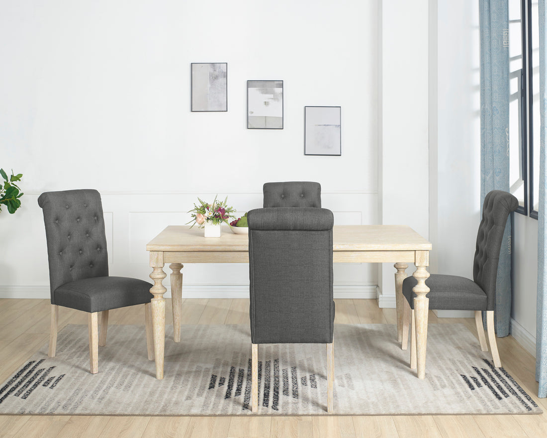 Amonia 5 Piece Dining Set, Turned Leg Dining Table With 4 Tufted Chairs Light Brown Wood Dining Room Fixed Table Rubberwood Rectangular Dining Table With Chair Wood Wood Beige Brown Seats 4 Rectangular 4 Leg Mdf