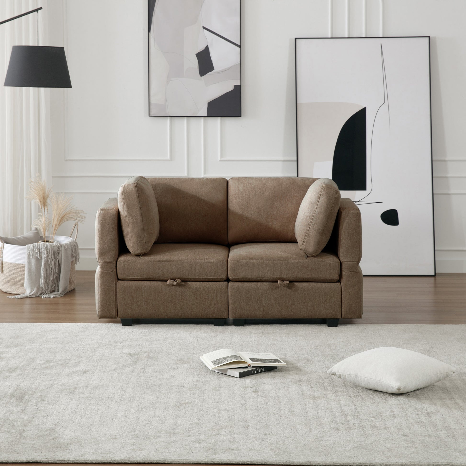 Contemporary Modern Chic Upholstered Fabric Sofa With Storage Seats And Storage Ottomans, 2 Seater Sofa Fabric Couch With Adjustable Arms And Backs For Living Room Brown Brown Polyester 2 Seat