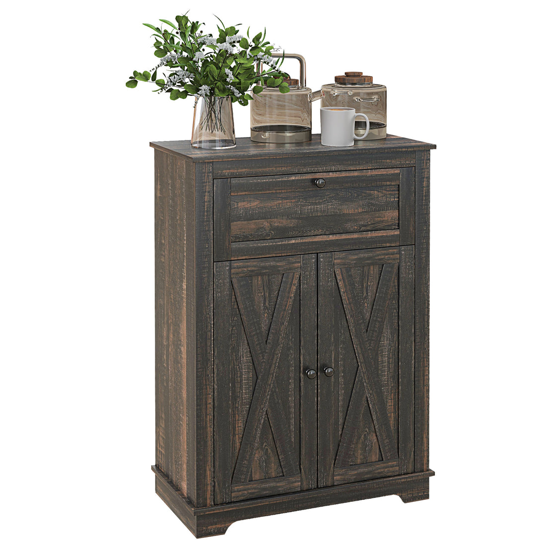 Homcom Farmhouse Barn Door Accent Cabinet, Kitchen Sideboard Storage Cabinet With Double Doors, Drawer, And Adjustable Shelf For Bedroom, Living Room, Dark Brown Brown Particle Board