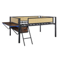 Single Metal Loft Bed With Rectangular Desk, Led Lights, Led Loft Bed Frame Double Bed With Storage Shelves And Hanging Storage Compartments, Safety Guard And Ladder, No Box Springs Required, Rattan G Full Black Brown Mdf Iron
