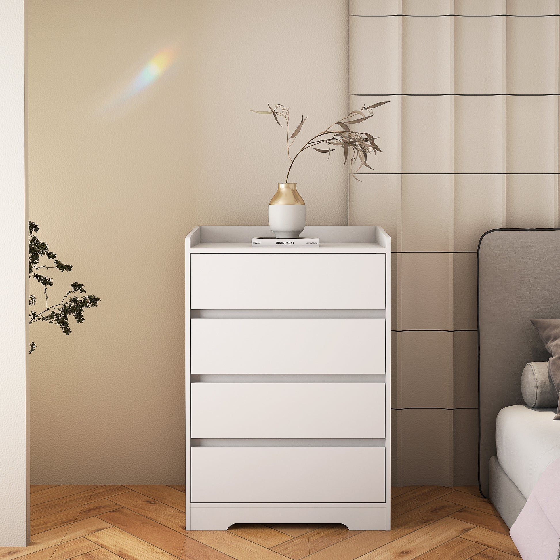 4 Drawer Dresser, Chest Of Drawers Without Handle, White Dresser For Bedroom 100% Waterproof, Modern Wooden Cabinet With Sturdy Frame For Living Room, Entryway, Bedroom, Hallway, Office White Mdf