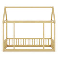 Twin Size Floor Wooden Bed With House Roof Frame And Safety Guardrails,Natural Twin Natural Pine