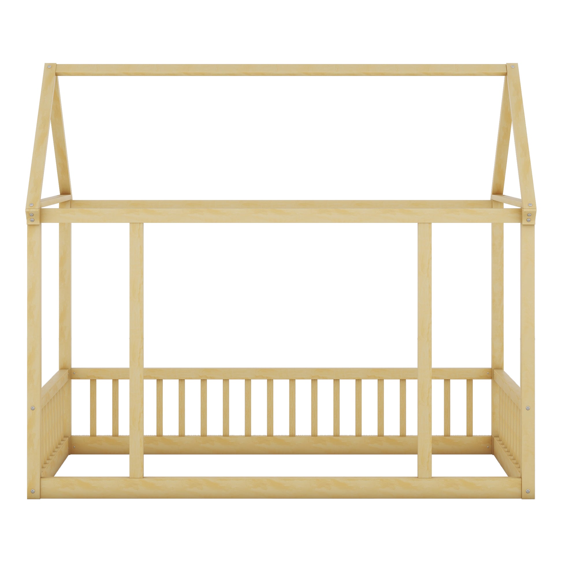 Twin Size Floor Wooden Bed With House Roof Frame And Safety Guardrails,Natural Twin Natural Pine