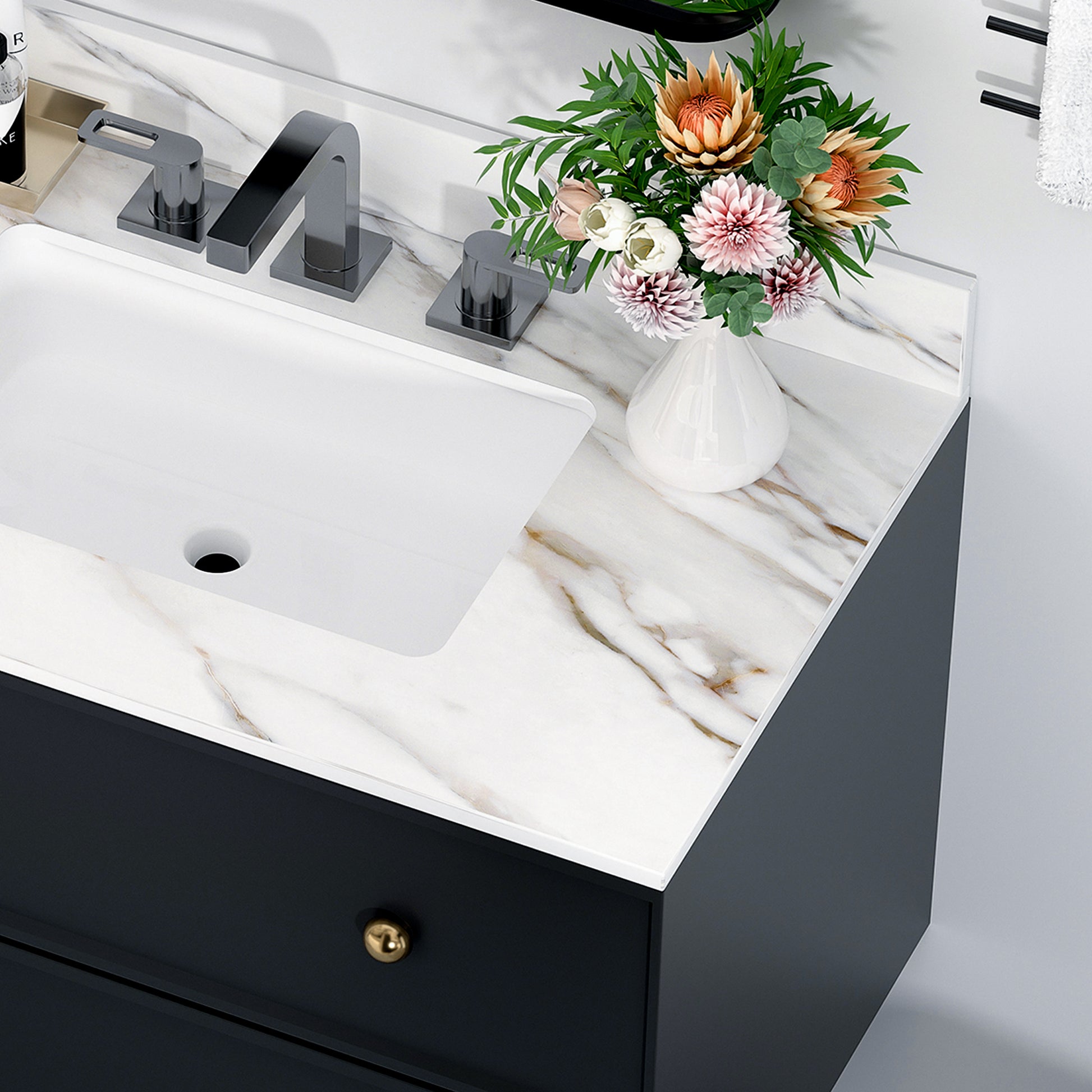 37 Inch Marble Vanity Top, Bathroom Vanity Top With Undermount Rectangular Middle Sink And 4" Height Backsplash, Pre Drilled 8 Inch Faucet Hole Spread Vanity Top, Carrara White With Veins White Marble Bathroom American Design,American Traditional