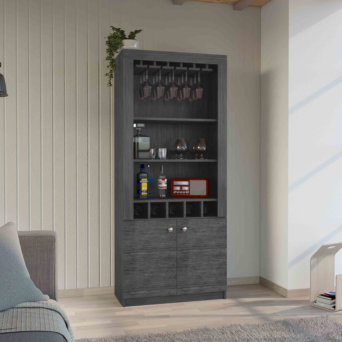 Montenegro Bar Cabinet, Double Door Cabinet, Five Built In Wine Rack, Three Shelves Smokey Oak Gray Kitchen Modern Particle Board Particle Board