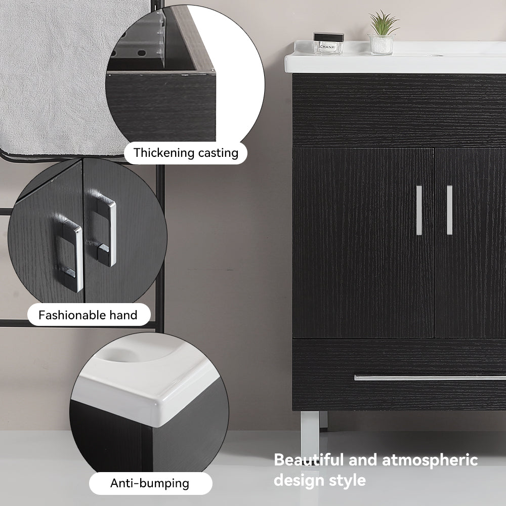 24 Inch Double Doors With Drawers Black Bathroom Cabinet With Ceramic Sink Black Solid Wood