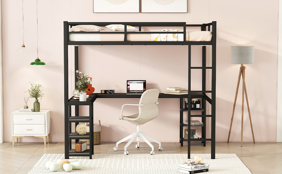 Full Metal Loft Bed With Desk And Shelves, Loft Bed With Ladder And Guardrails, Loft Bed Frame For Bedroom, Black With Black Desk Full Black Metal